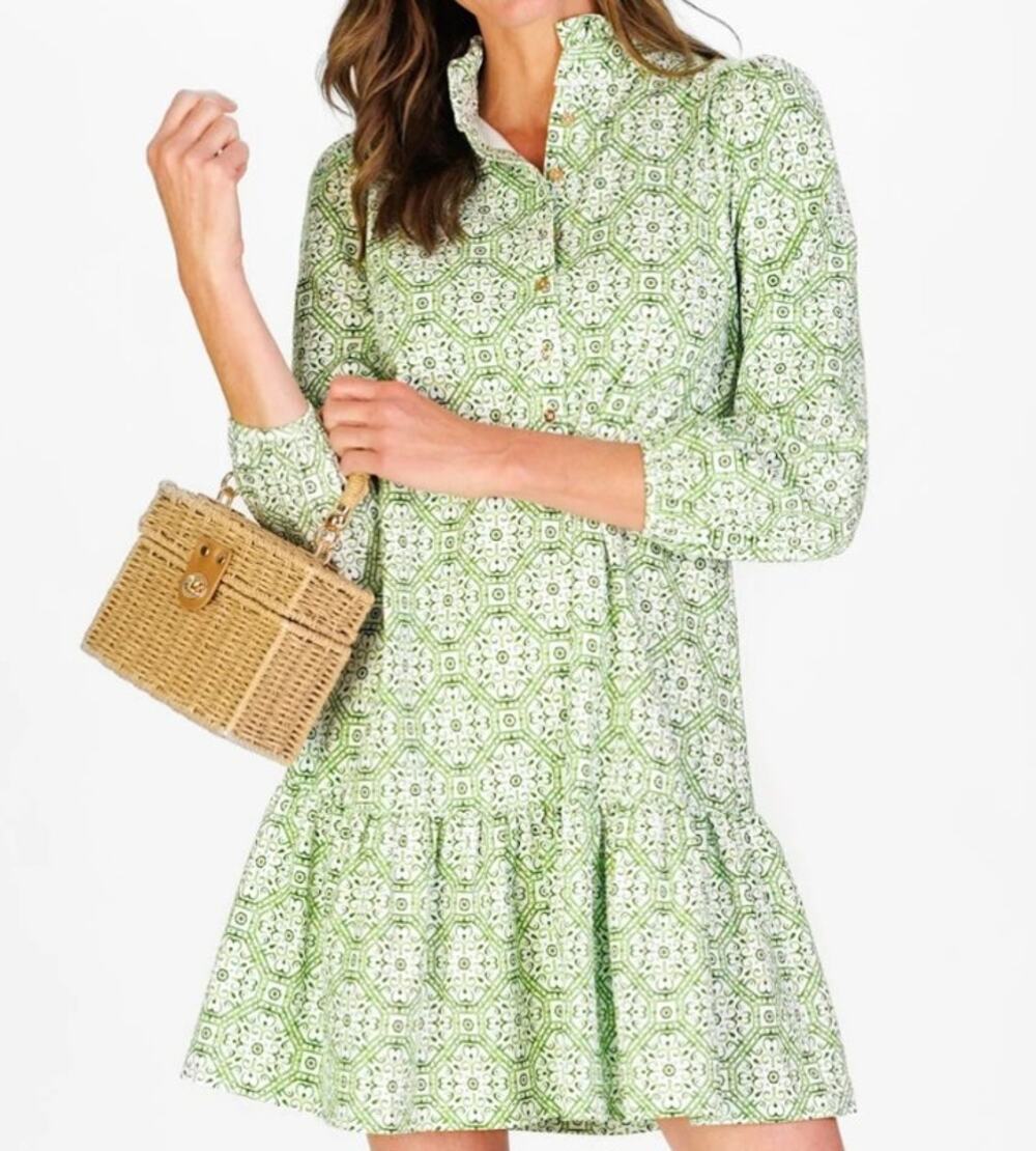 Duffield Lane Adara Dress Womens L Ivy Green Cotton Swing Ruffle Collar NWT